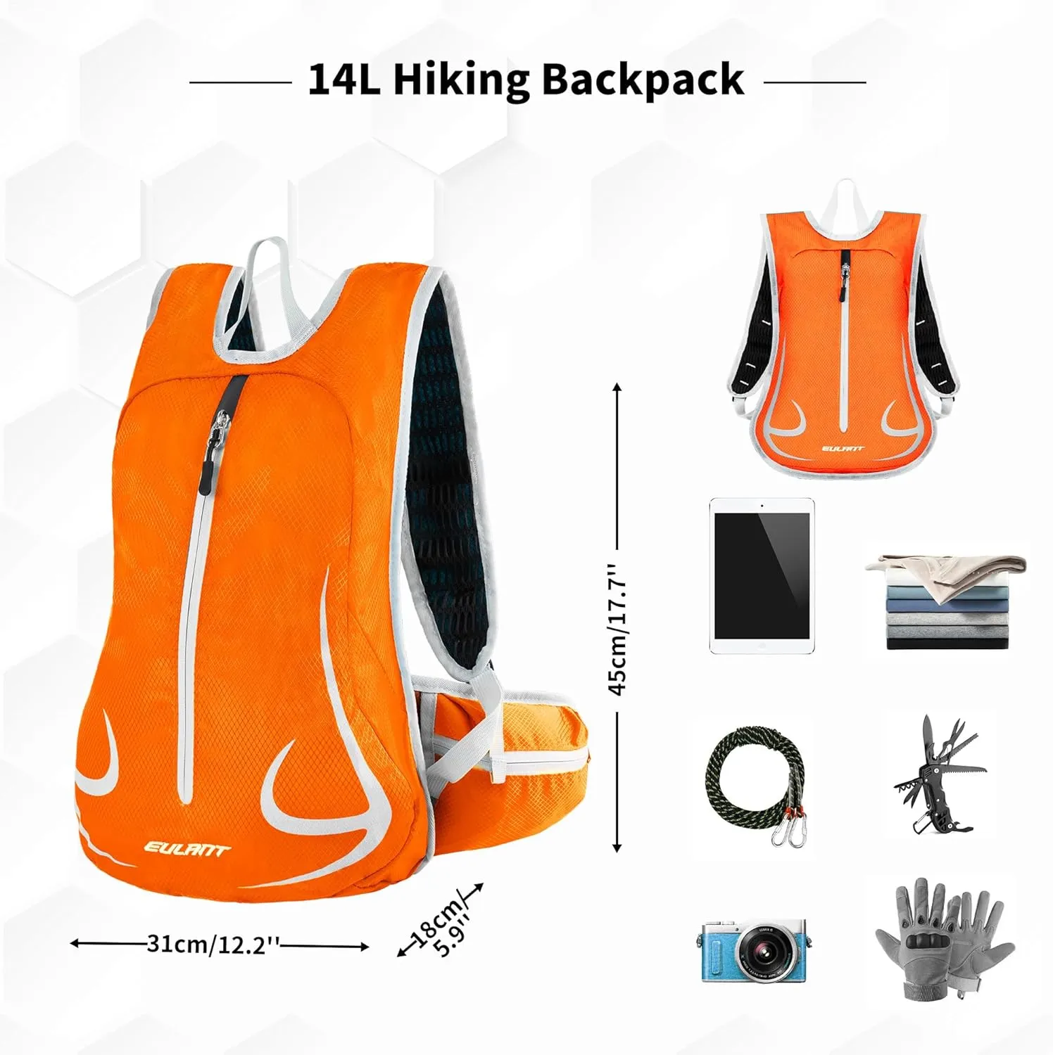 14L Hiking Backpack Lightweight Cycling Daypack with Reflective Stripes for Traveling Skiing Trekking