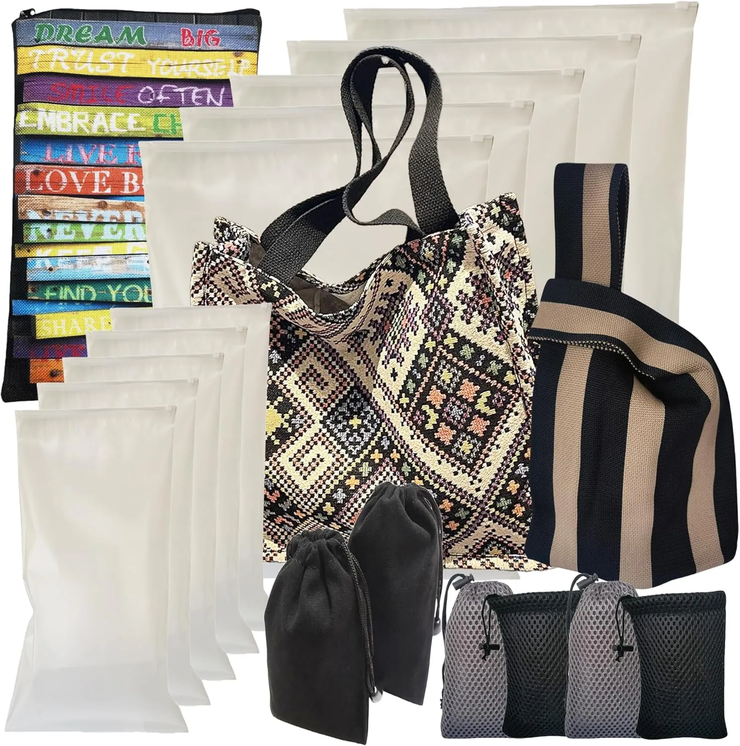 19pcs Deluxe Organized Storage Set & Tote CollectionSecure Zipper Oversized Bag, Breathable Dual Mesh & Fleece Drawstring Pouches, Fashion Handwoven Knitted Totes for Home, Travel & Office