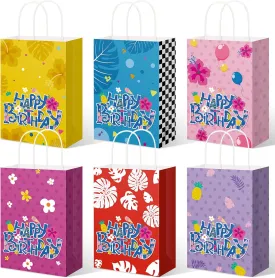 24 Pcs Cartoon Hawaii Birthday Party Favor Bags with Handles Candy Treat Bags Summer Tropical Print Flower Palm Double Printed Patterns Paper Gifts Pouch for Luau Holiday Event Favor Supplies