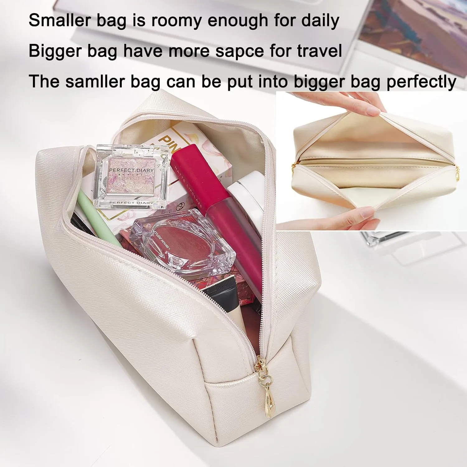 2pcs set PU Leather Cosmetic Bag for Women Minimalism Makeup Bag for Daily Use Portable Storage Purse Small Neat Cosmetic Pouch Water-resistant Toiletry Bag for Travel (Silver)