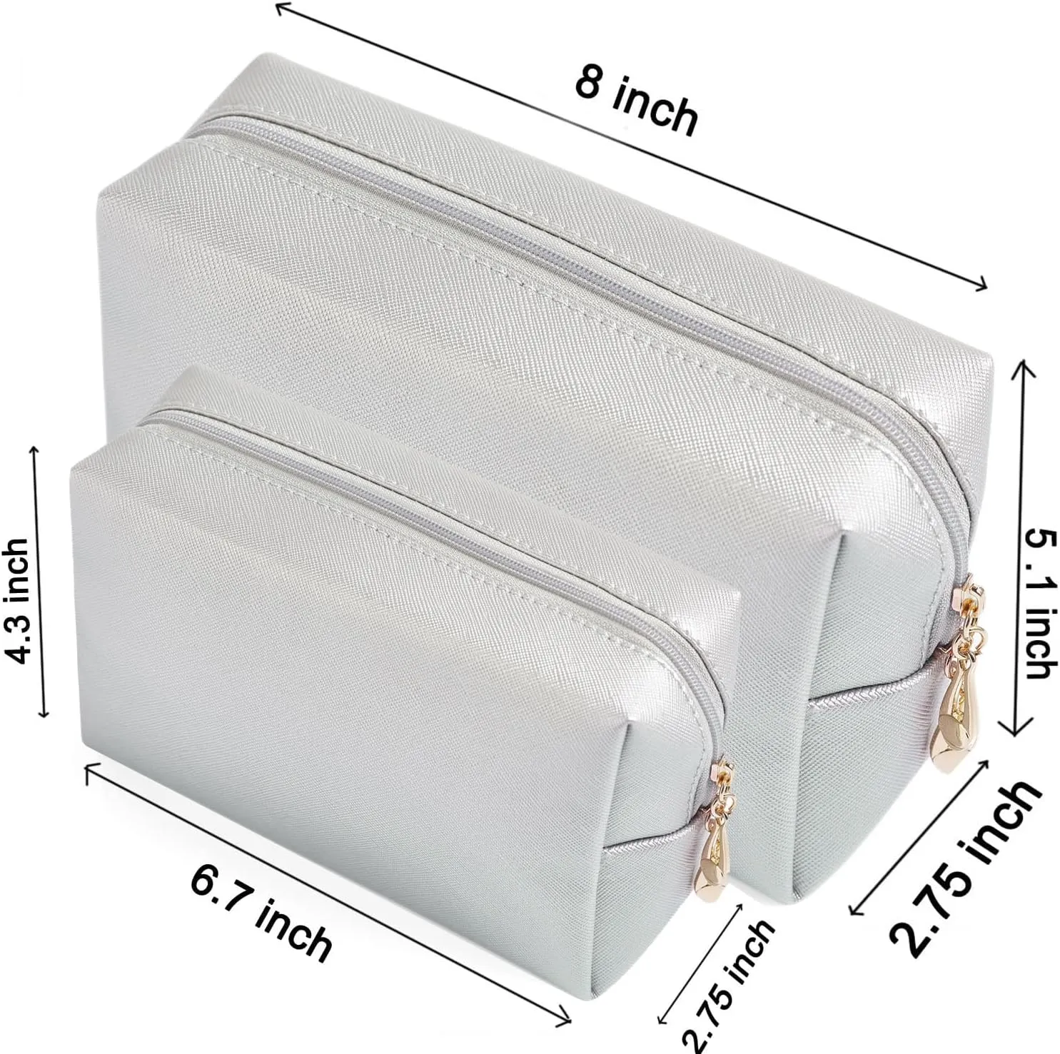 2pcs set PU Leather Cosmetic Bag for Women Minimalism Makeup Bag for Daily Use Portable Storage Purse Small Neat Cosmetic Pouch Water-resistant Toiletry Bag for Travel (Silver)