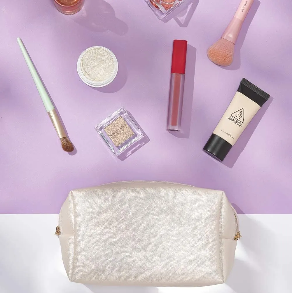 2pcs set PU Leather Cosmetic Bag for Women Minimalism Makeup Bag for Daily Use Portable Storage Purse Small Neat Cosmetic Pouch Water-resistant Toiletry Bag for Travel (Silver)
