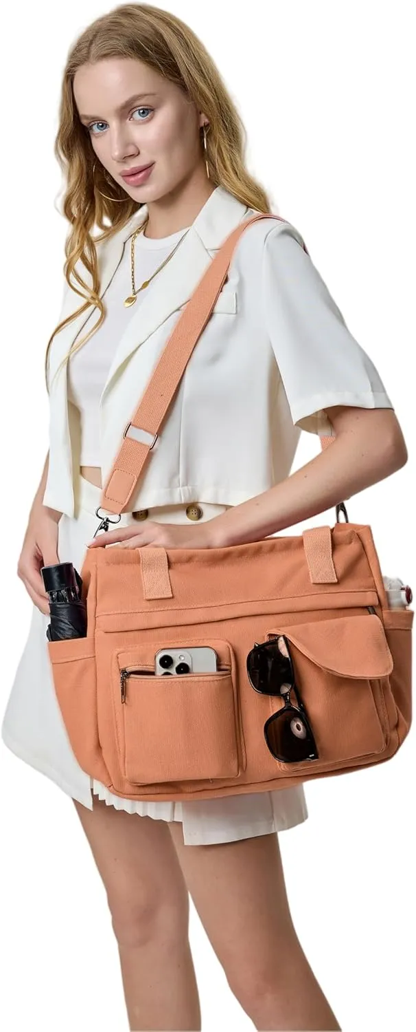 2Pcs/Set Large Canvas Tote Bag for Women, Laptop Work Bags Crossbody Shoulder Hobo Messenger Handbag Purse Travel Gym Totes