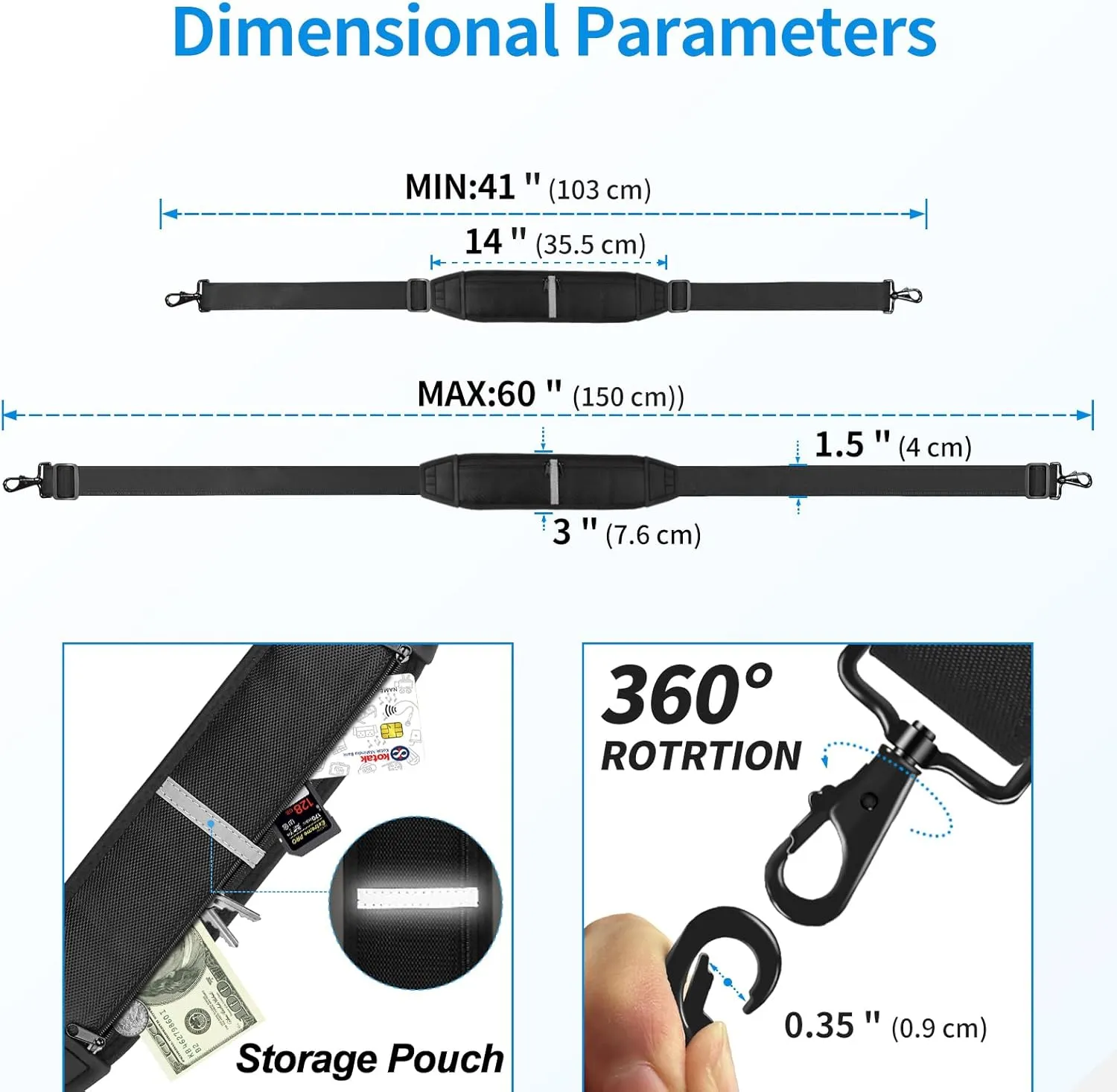 60" Universal Shoulder Strap, 3D Sponge Thick Padded Bag Strap with Double Adjustable Buckles and Metal Hooks, Ideal for Briefcases, Crossbody Bags, Luggage (Storage Bag   Reflective Tape)