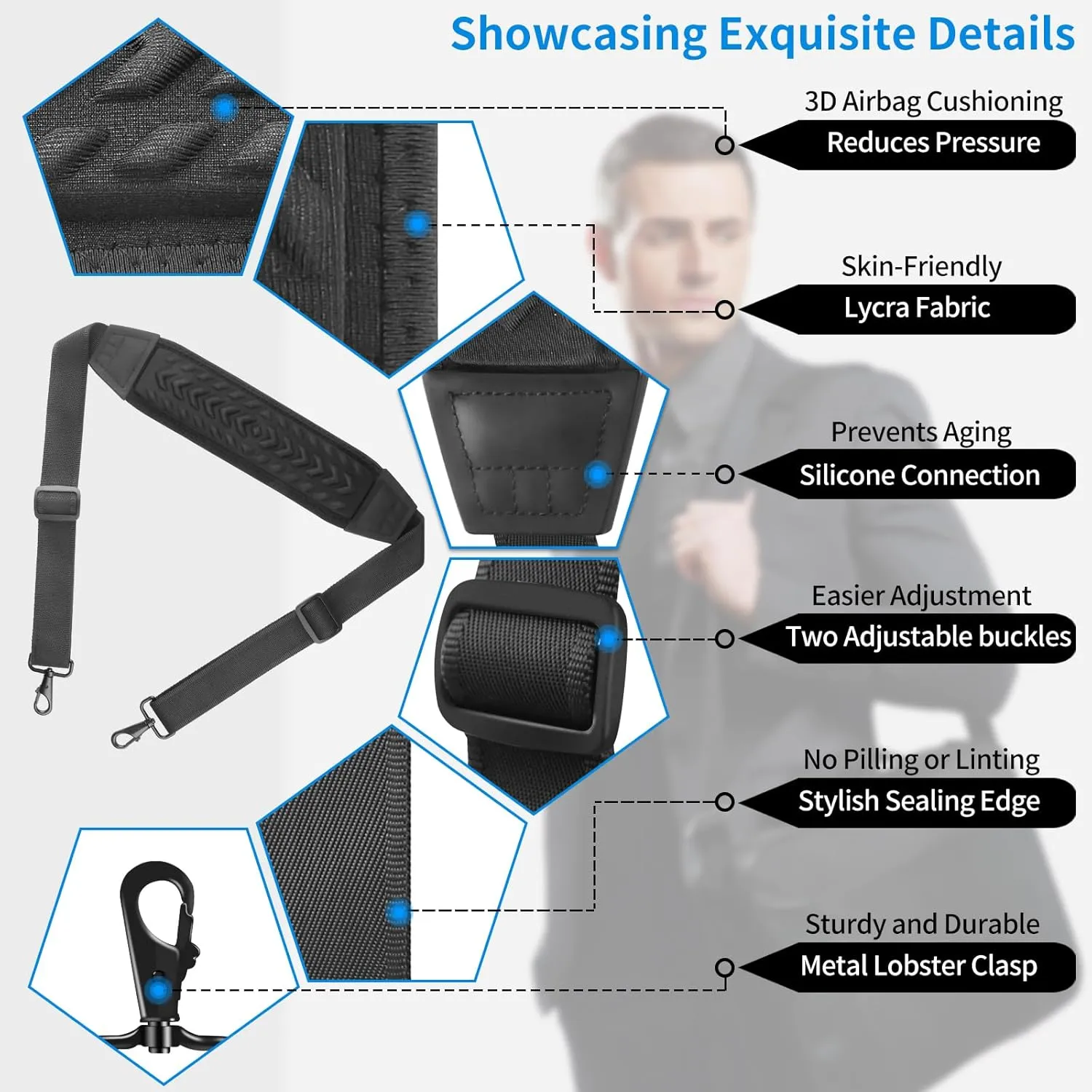 60" Universal Shoulder Strap, 3D Sponge Thick Padded Bag Strap with Double Adjustable Buckles and Metal Hooks, Ideal for Briefcases, Crossbody Bags, Luggage (Storage Bag   Reflective Tape)