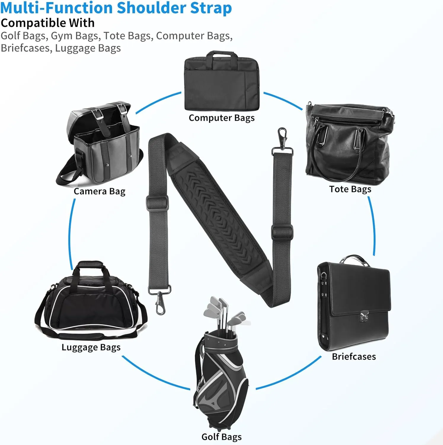 60" Universal Shoulder Strap, 3D Sponge Thick Padded Bag Strap with Double Adjustable Buckles and Metal Hooks, Ideal for Briefcases, Crossbody Bags, Luggage (Storage Bag   Reflective Tape)