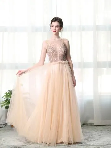 A Line Bateau Tulle Long Prom Dresses With Beads PFP1380