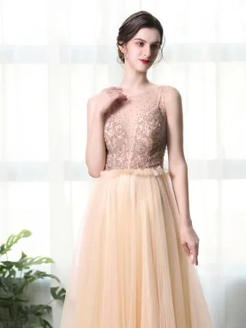 A Line Bateau Tulle Long Prom Dresses With Beads PFP1380