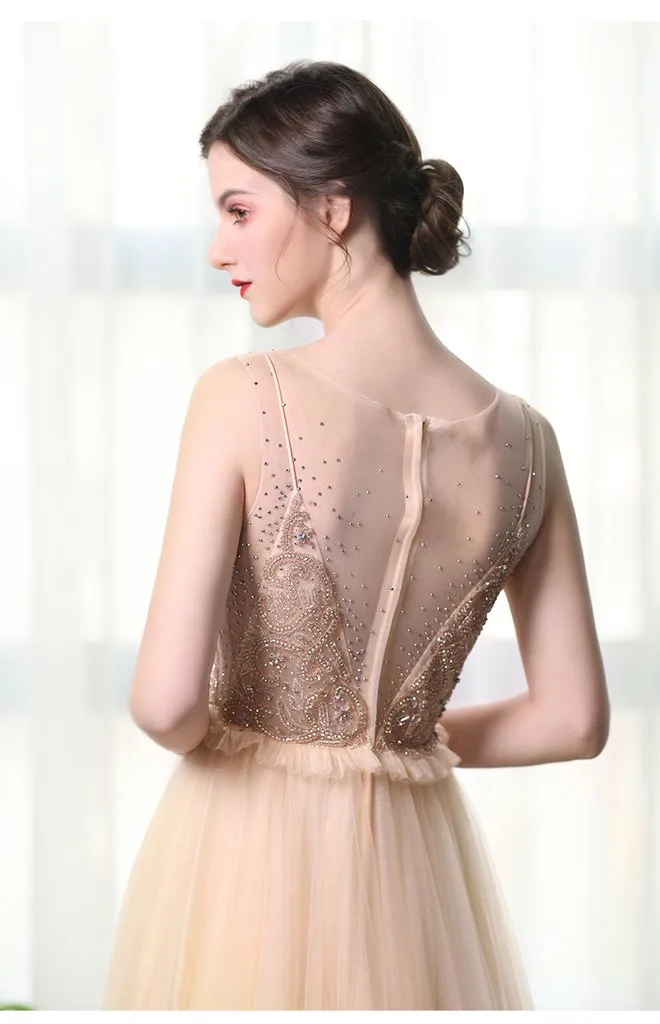 A Line Bateau Tulle Long Prom Dresses With Beads PFP1380
