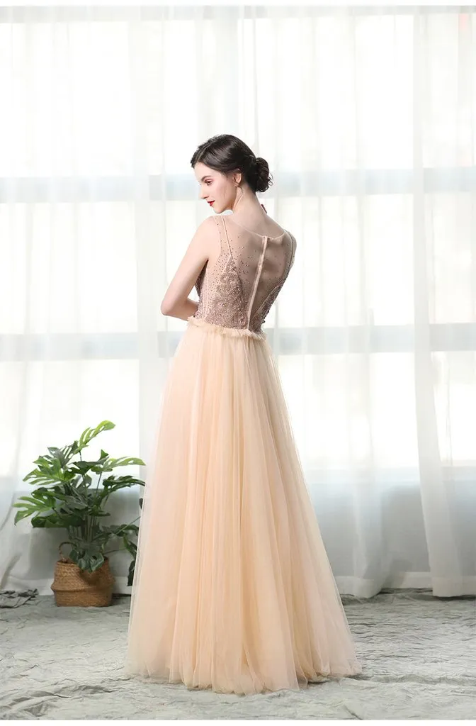 A Line Bateau Tulle Long Prom Dresses With Beads PFP1380