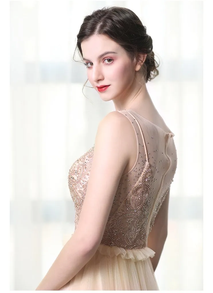 A Line Bateau Tulle Long Prom Dresses With Beads PFP1380