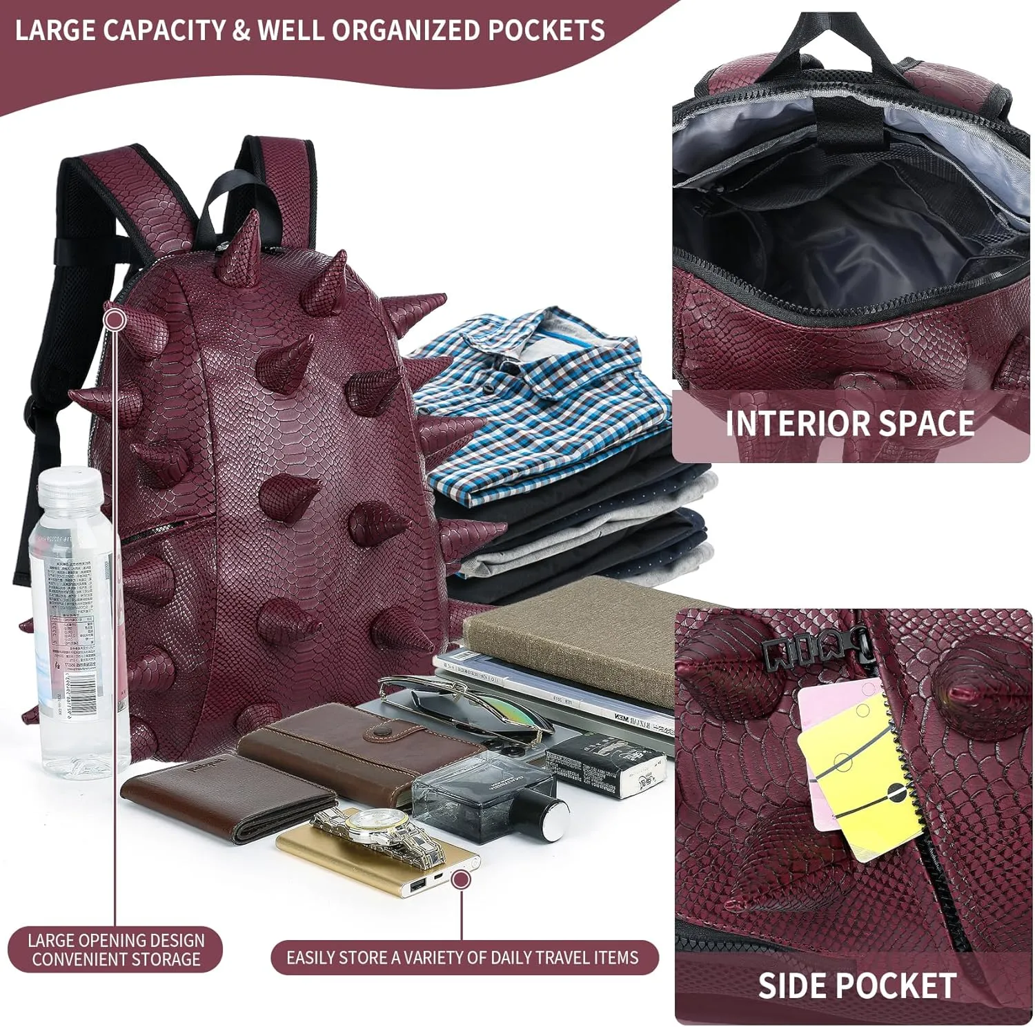 Adult Dinosaur Backpack for Men Women, Ankylosaur Casual Daypack, Waterproof 15.6 Inch Dragon Thorn Laptop Backpack, Fashion Spike Punk Backpack for Commuter Travel Shopping Claret