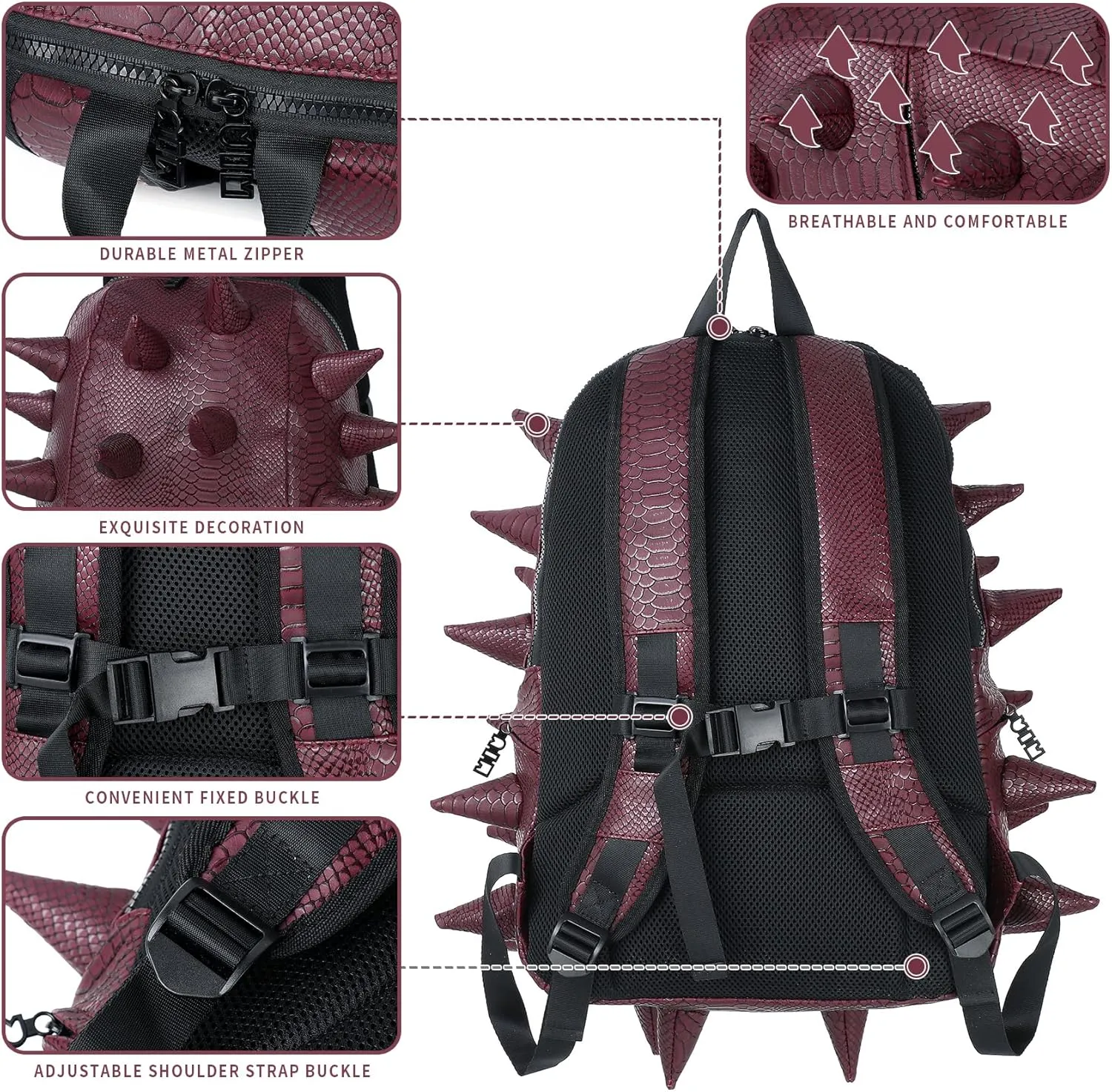 Adult Dinosaur Backpack for Men Women, Ankylosaur Casual Daypack, Waterproof 15.6 Inch Dragon Thorn Laptop Backpack, Fashion Spike Punk Backpack for Commuter Travel Shopping Claret