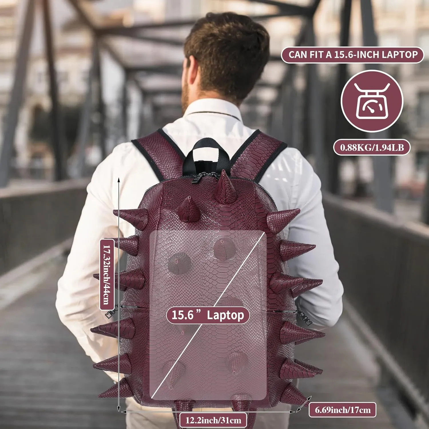 Adult Dinosaur Backpack for Men Women, Ankylosaur Casual Daypack, Waterproof 15.6 Inch Dragon Thorn Laptop Backpack, Fashion Spike Punk Backpack for Commuter Travel Shopping Claret