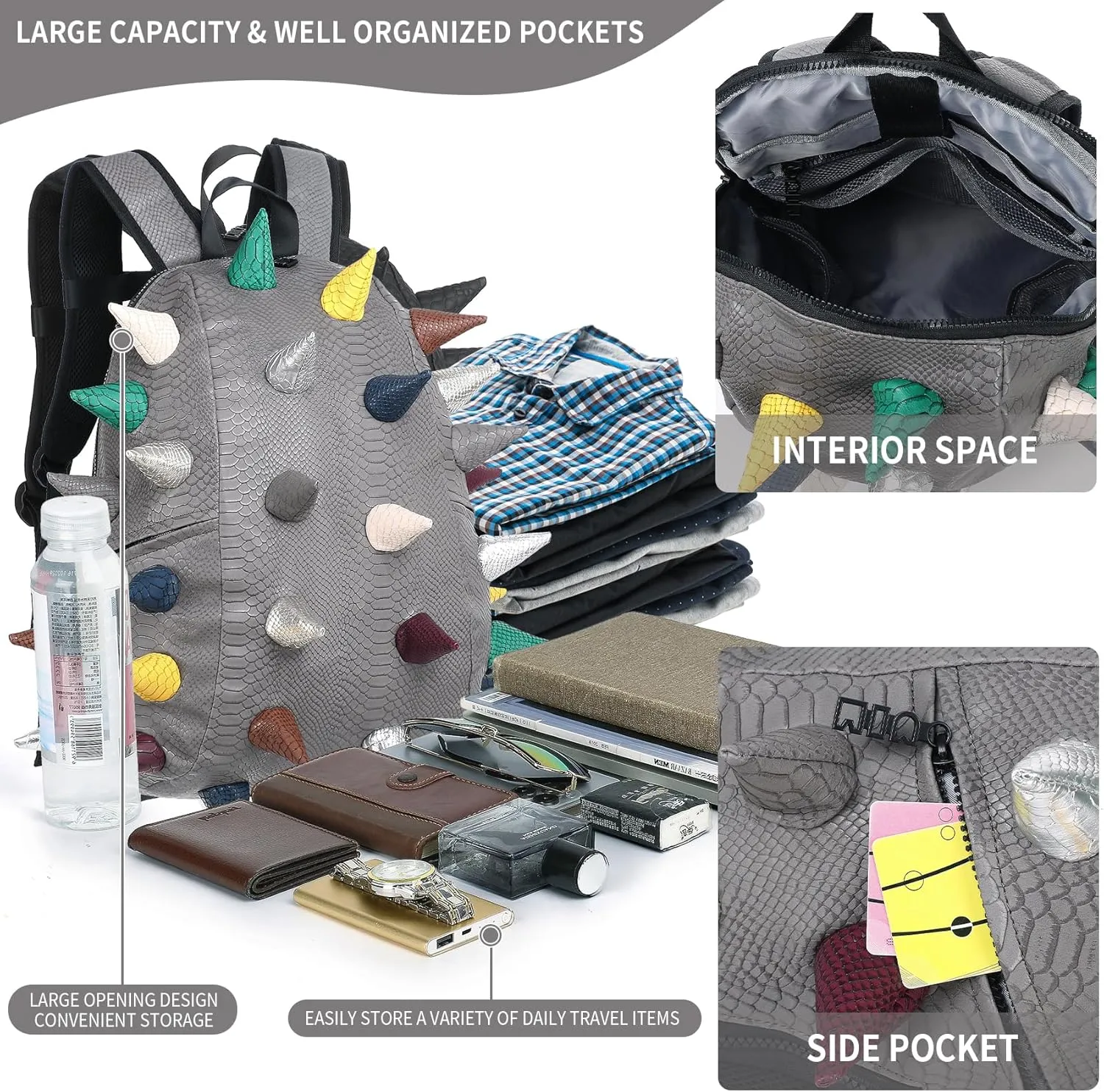 Adult Dinosaur Backpack for Men Women, Ankylosaur Casual Daypack, Waterproof 15.6 Inch Dragon Thorn Laptop Backpack, Fashion Spike Punk Backpack for Commuter Travel Shopping Gray