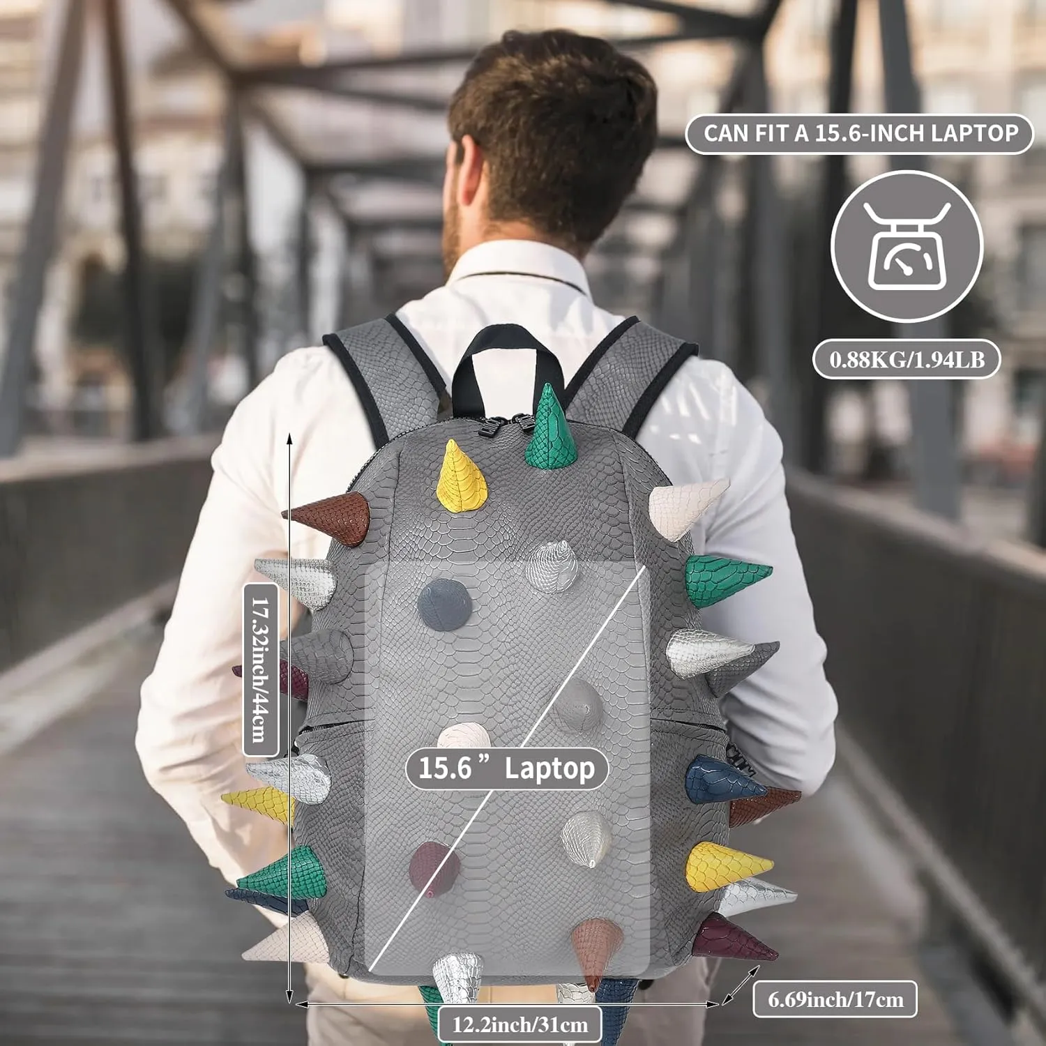 Adult Dinosaur Backpack for Men Women, Ankylosaur Casual Daypack, Waterproof 15.6 Inch Dragon Thorn Laptop Backpack, Fashion Spike Punk Backpack for Commuter Travel Shopping Gray