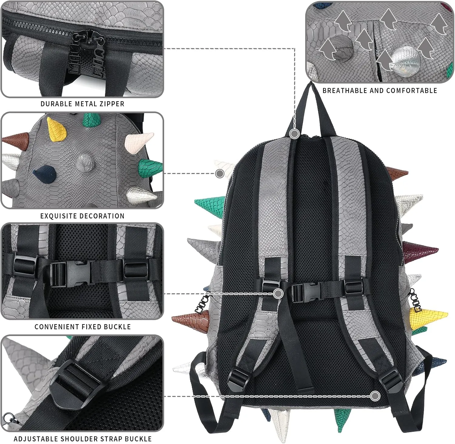 Adult Dinosaur Backpack for Men Women, Ankylosaur Casual Daypack, Waterproof 15.6 Inch Dragon Thorn Laptop Backpack, Fashion Spike Punk Backpack for Commuter Travel Shopping Gray