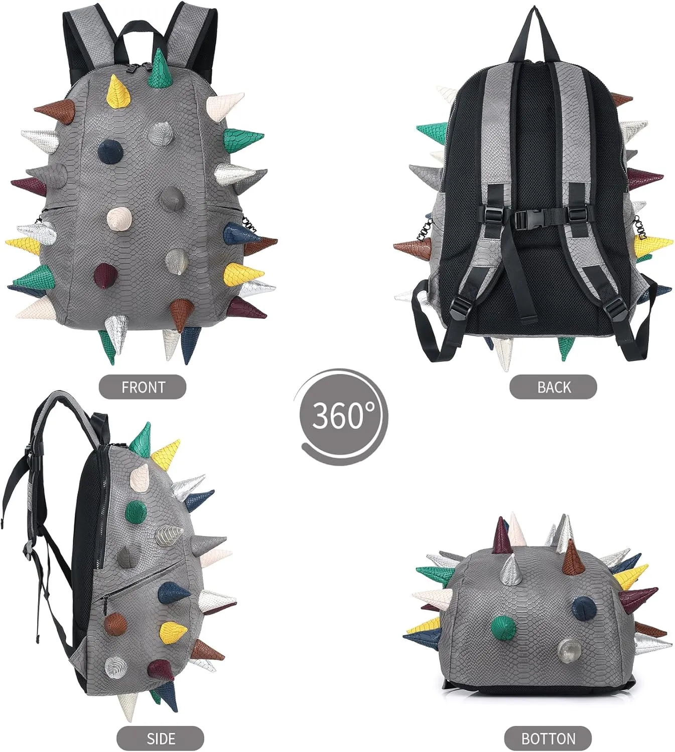 Adult Dinosaur Backpack for Men Women, Ankylosaur Casual Daypack, Waterproof 15.6 Inch Dragon Thorn Laptop Backpack, Fashion Spike Punk Backpack for Commuter Travel Shopping Gray