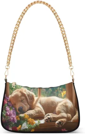 ALAZA Golden Dog Blossom Flower Chian Shoulder Bag Handbags Tote Mini Clutch Purse Hobo Bag with Zipper Closure for Women