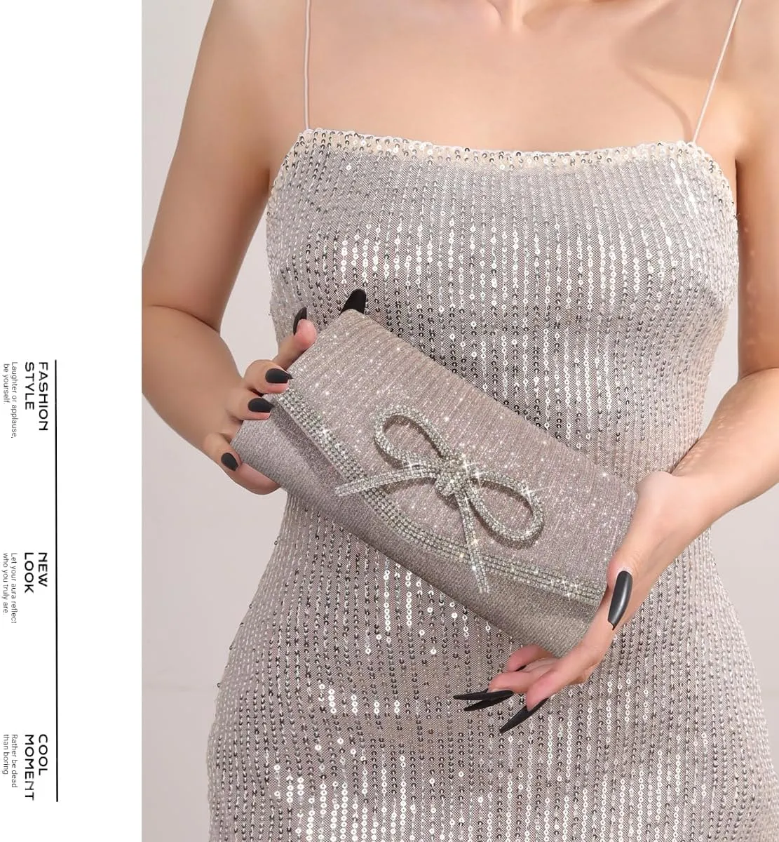 ALUSBELL Elegant Sparkly Bow Evening Bag for Women Glitter Rhinestones Dressy Clutch Purses Handbag for Wedding Party Prom