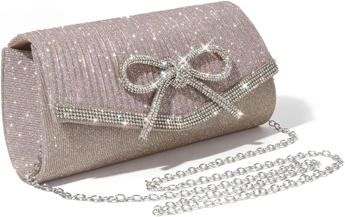 ALUSBELL Elegant Sparkly Bow Evening Bag for Women Glitter Rhinestones Dressy Clutch Purses Handbag for Wedding Party Prom
