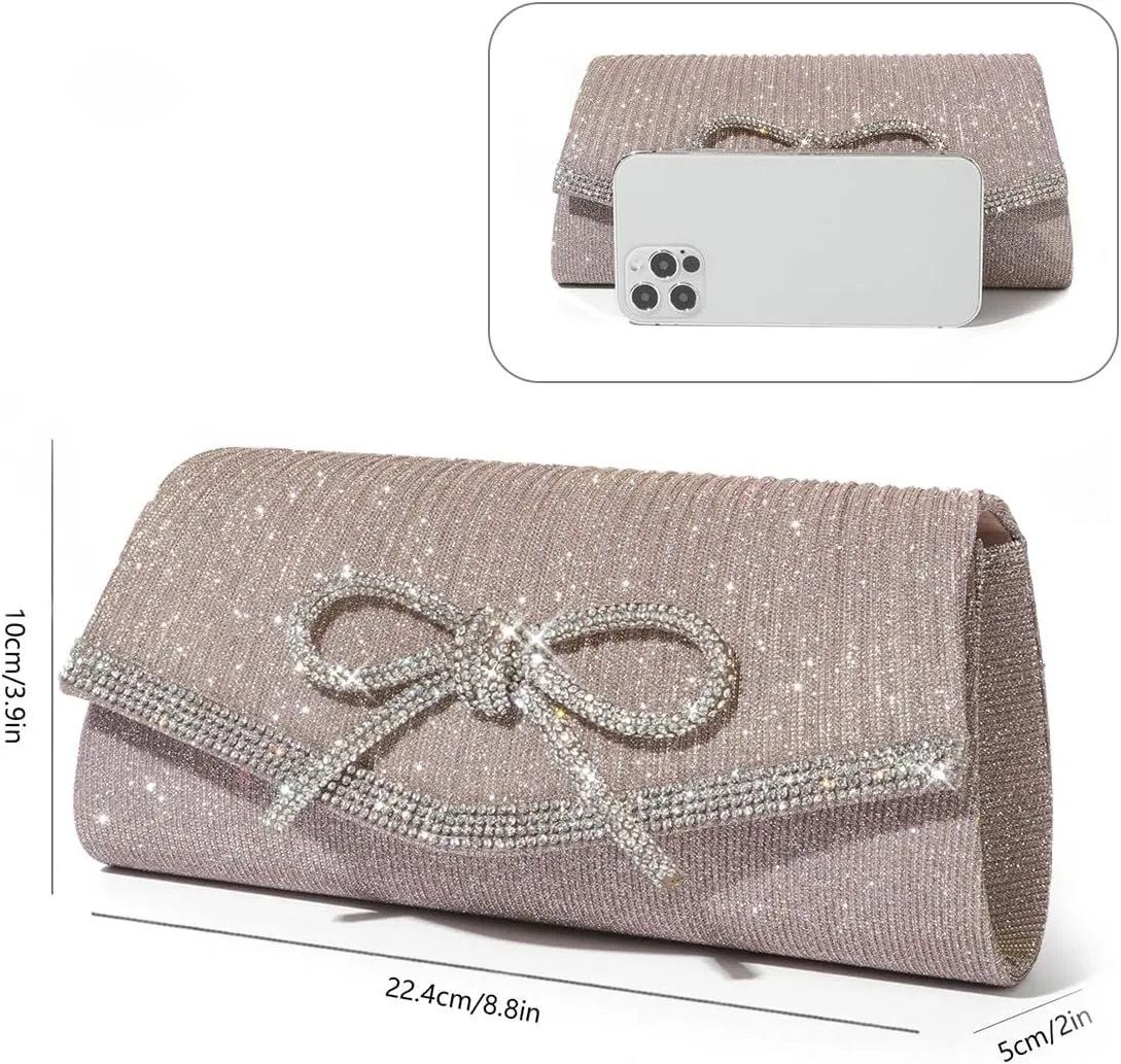 ALUSBELL Elegant Sparkly Bow Evening Bag for Women Glitter Rhinestones Dressy Clutch Purses Handbag for Wedding Party Prom