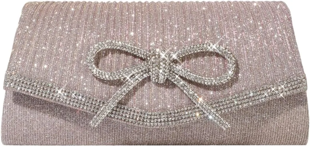 ALUSBELL Elegant Sparkly Bow Evening Bag for Women Glitter Rhinestones Dressy Clutch Purses Handbag for Wedding Party Prom