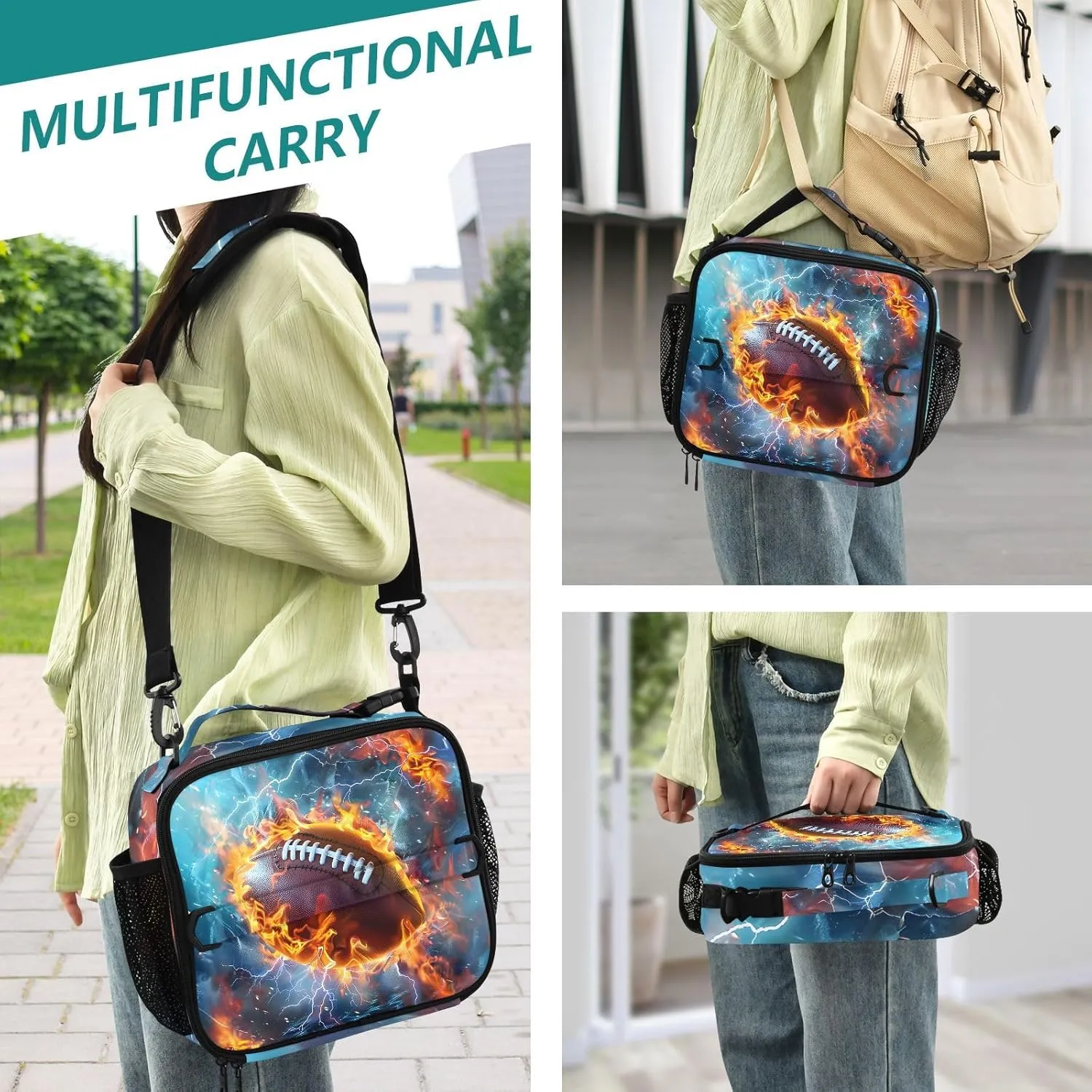 American Football Lunch Bag for Teens Boys Cool Insulated Lunch Box with Adjustable Shoulder Belt Cooler Bag for Sports Travel Camping College