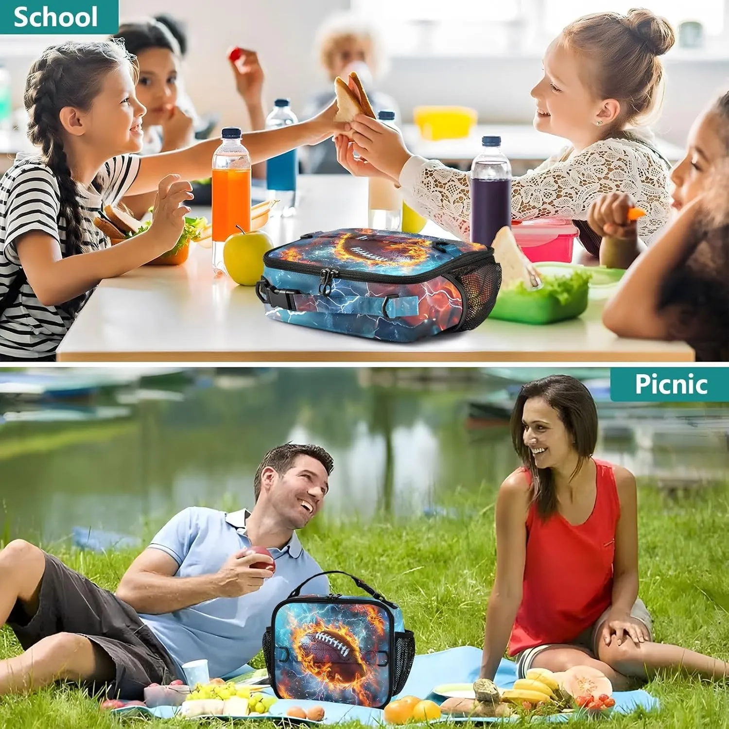 American Football Lunch Bag for Teens Boys Cool Insulated Lunch Box with Adjustable Shoulder Belt Cooler Bag for Sports Travel Camping College