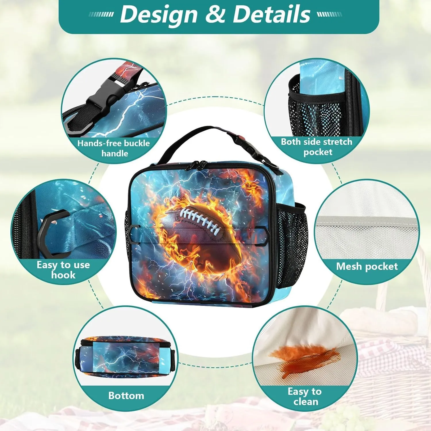 American Football Lunch Bag for Teens Boys Cool Insulated Lunch Box with Adjustable Shoulder Belt Cooler Bag for Sports Travel Camping College