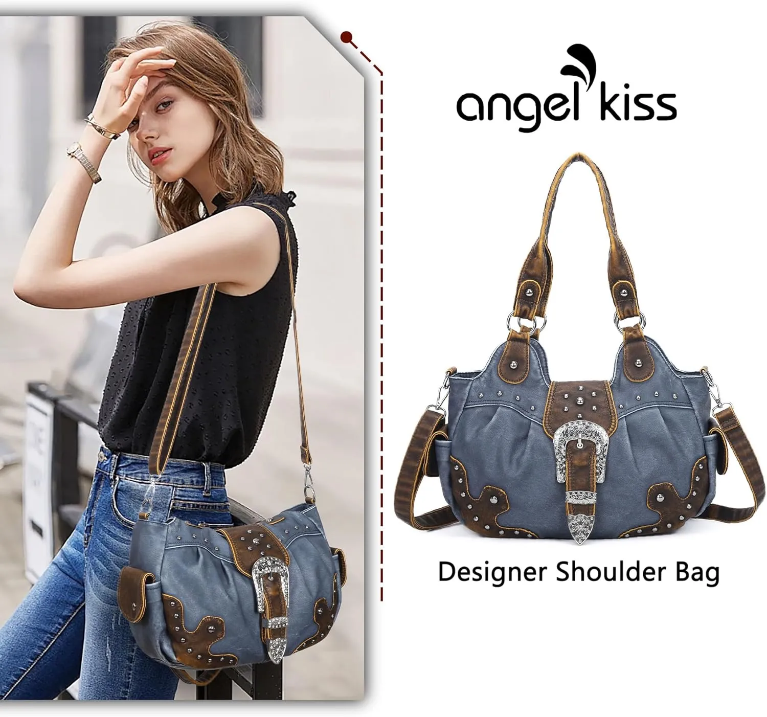 Angel Kiss Hobo Bags for Women Vegan Leather Purses and Handbags Ladies Chic Shoulder Bags Crossbody Purses with Metal Studs