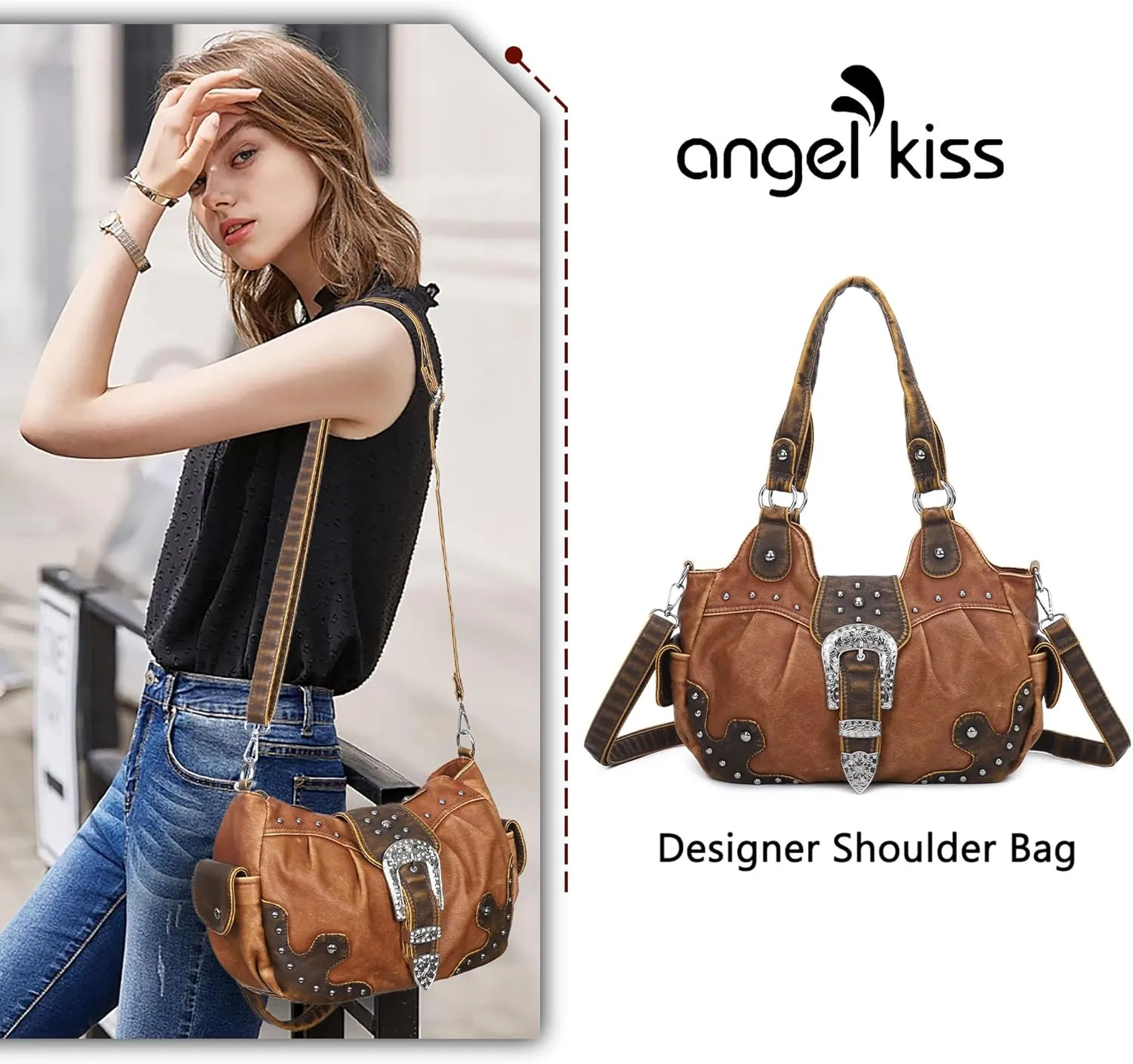 Angel Kiss Hobo Bags for Women Vegan Leather Purses and Handbags Ladies Chic Shoulder Bags Crossbody Purses with Metal Studs