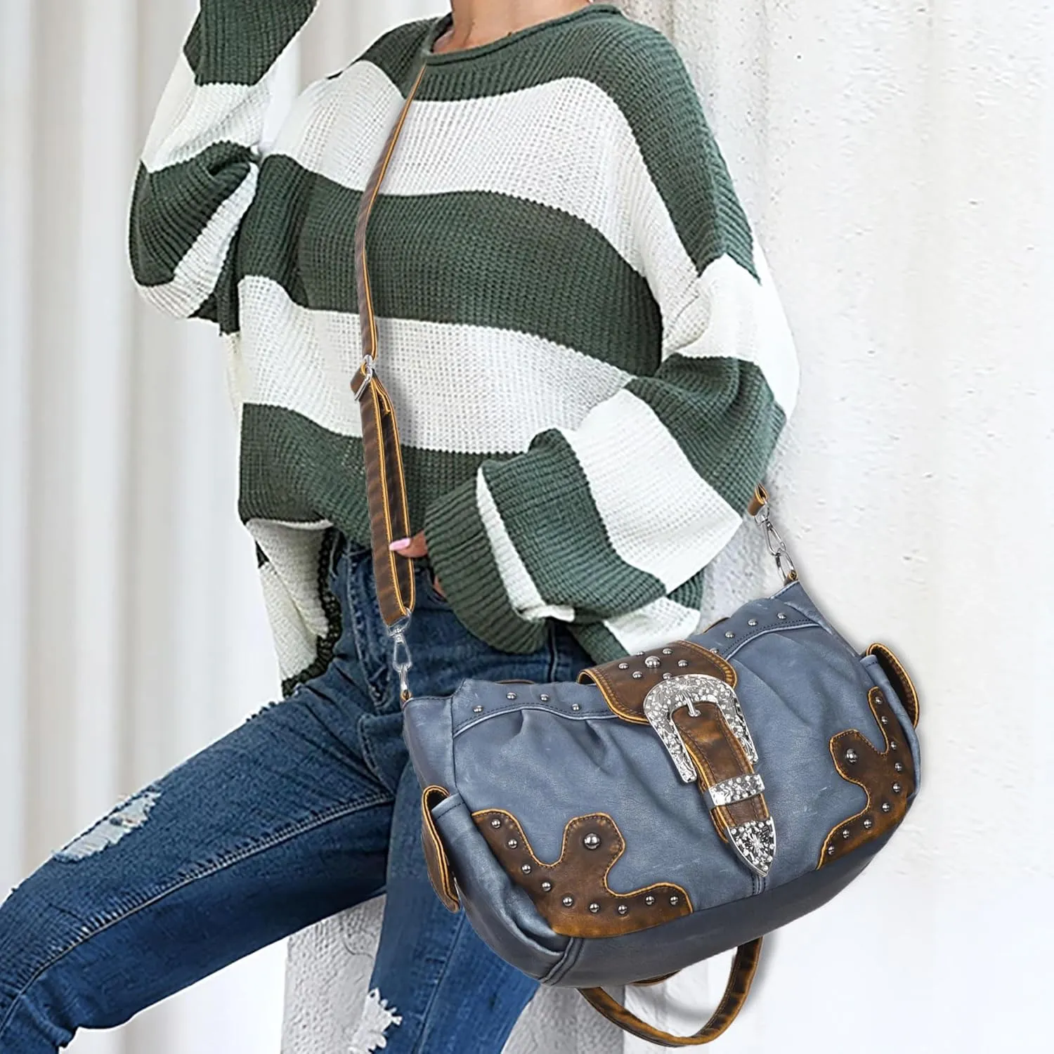 Angel Kiss Hobo Bags for Women Vegan Leather Purses and Handbags Ladies Chic Shoulder Bags Crossbody Purses with Metal Studs