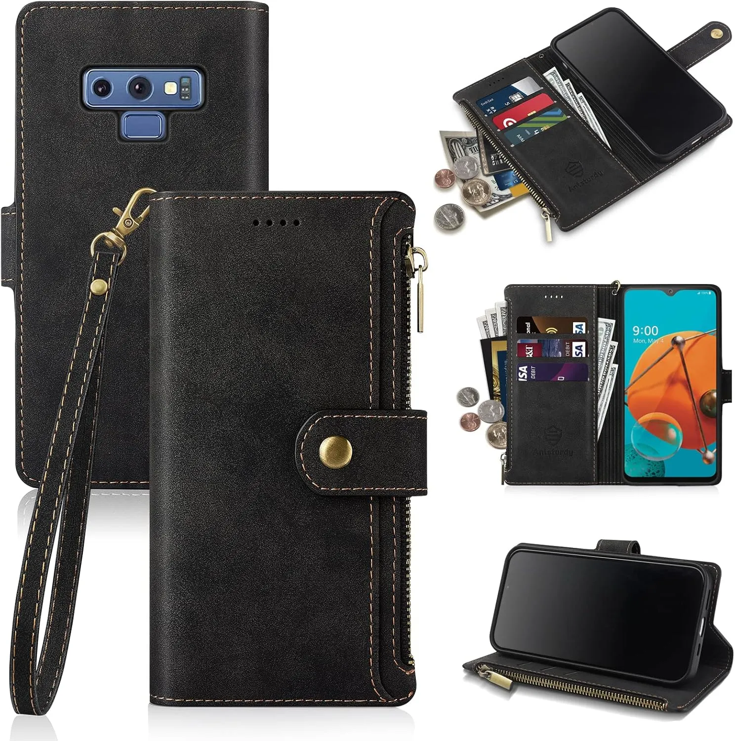 Antsturdy Compatible with Samsung Galaxy Note 9 Wallet case with Card Holder for Women Men Phone case RFID Blocking PU Leather Flip Cover with Strap Zipper Credit Card Slots,Black