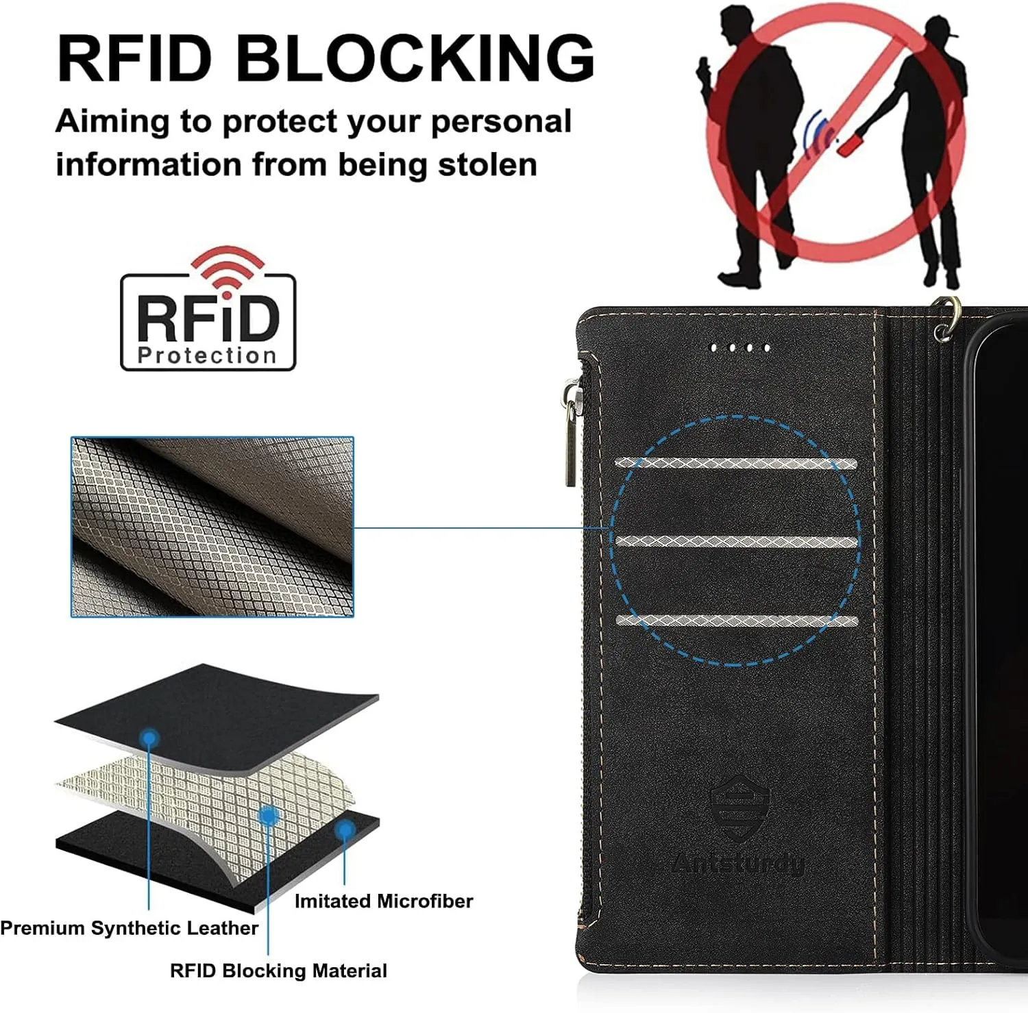 Antsturdy Compatible with Samsung Galaxy Note 9 Wallet case with Card Holder for Women Men Phone case RFID Blocking PU Leather Flip Cover with Strap Zipper Credit Card Slots,Black