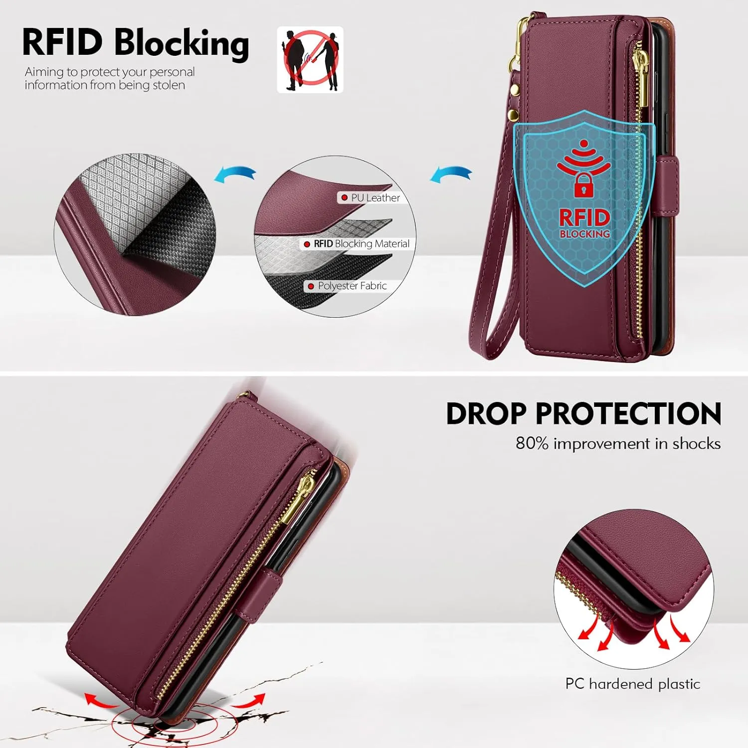 Antsturdy Compatible with Samsung Galaxy Z Fold 3 5G Case Wallet Women with S Pen Holder Phone Case with Card Holder Strap PU Leather RFID Blocking Flip Folio Cover Credit Slots Men,Wine Red