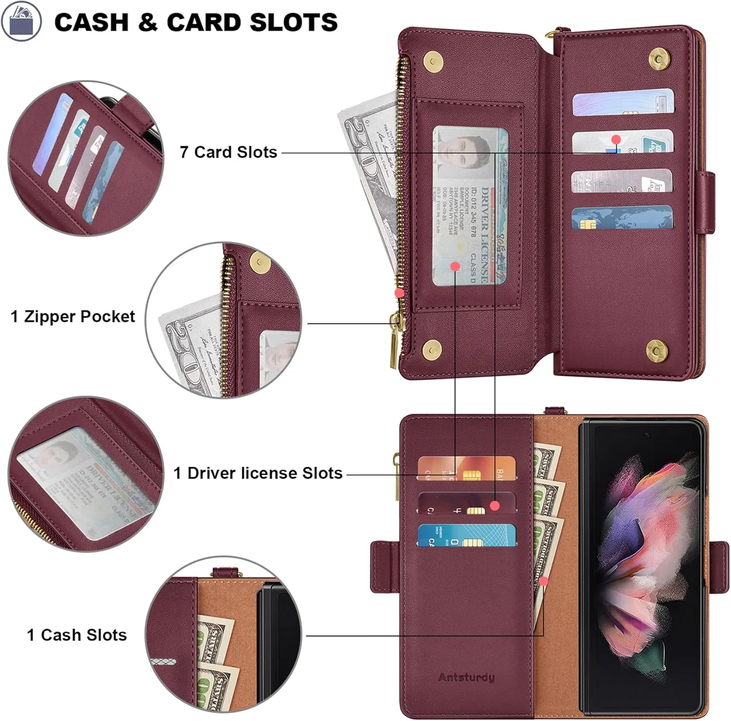 Antsturdy Compatible with Samsung Galaxy Z Fold 3 5G Case Wallet Women with S Pen Holder Phone Case with Card Holder Strap PU Leather RFID Blocking Flip Folio Cover Credit Slots Men,Wine Red