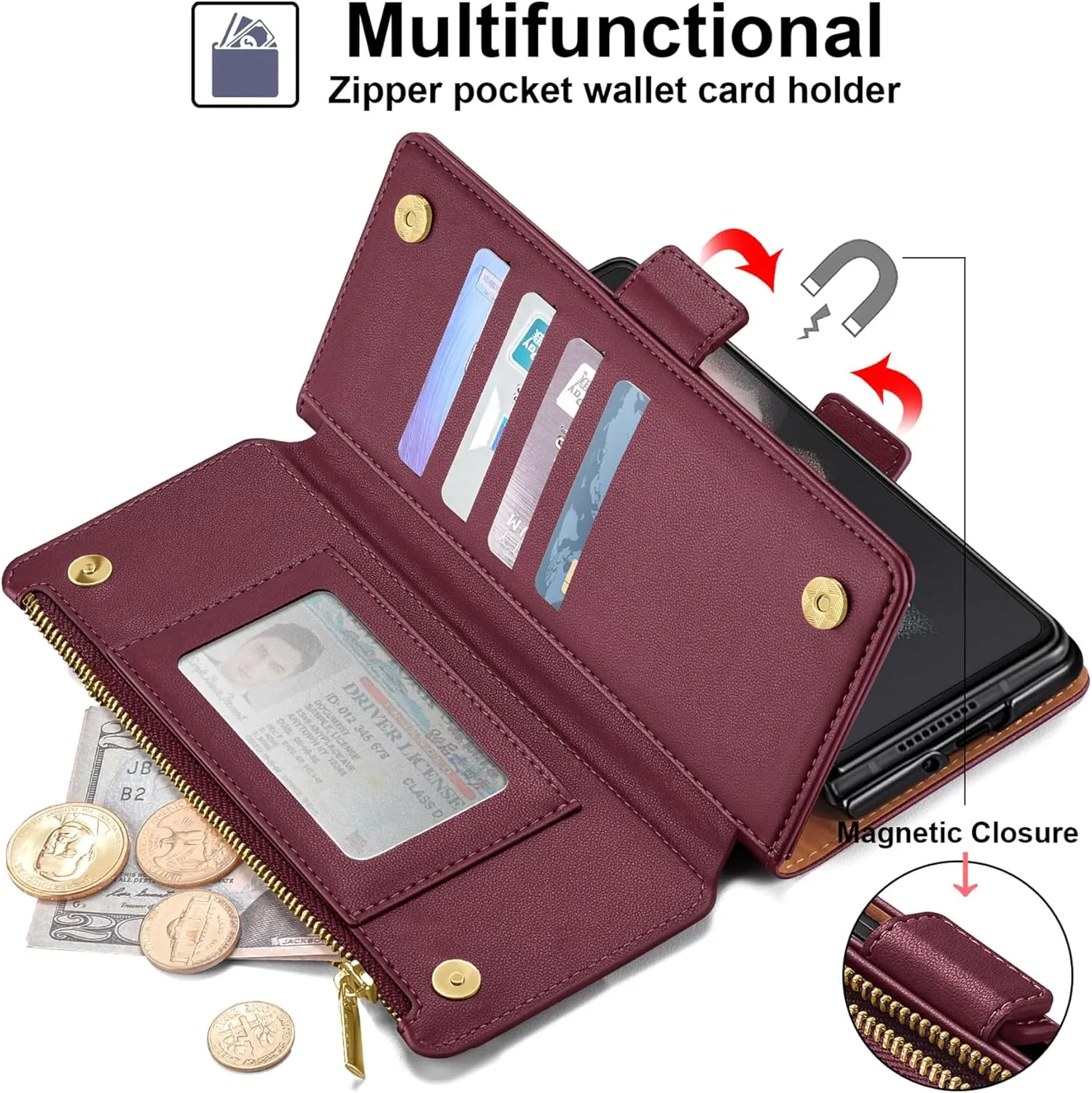 Antsturdy Compatible with Samsung Galaxy Z Fold 3 5G Case Wallet Women with S Pen Holder Phone Case with Card Holder Strap PU Leather RFID Blocking Flip Folio Cover Credit Slots Men,Wine Red