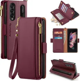 Antsturdy Compatible with Samsung Galaxy Z Fold 3 5G Case Wallet Women with S Pen Holder Phone Case with Card Holder Strap PU Leather RFID Blocking Flip Folio Cover Credit Slots Men,Wine Red