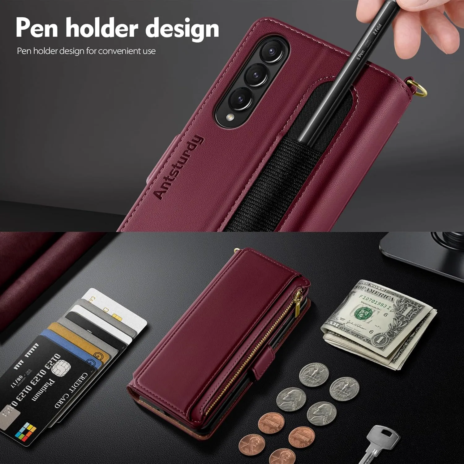 Antsturdy Compatible with Samsung Galaxy Z Fold 3 5G Case Wallet Women with S Pen Holder Phone Case with Card Holder Strap PU Leather RFID Blocking Flip Folio Cover Credit Slots Men,Wine Red