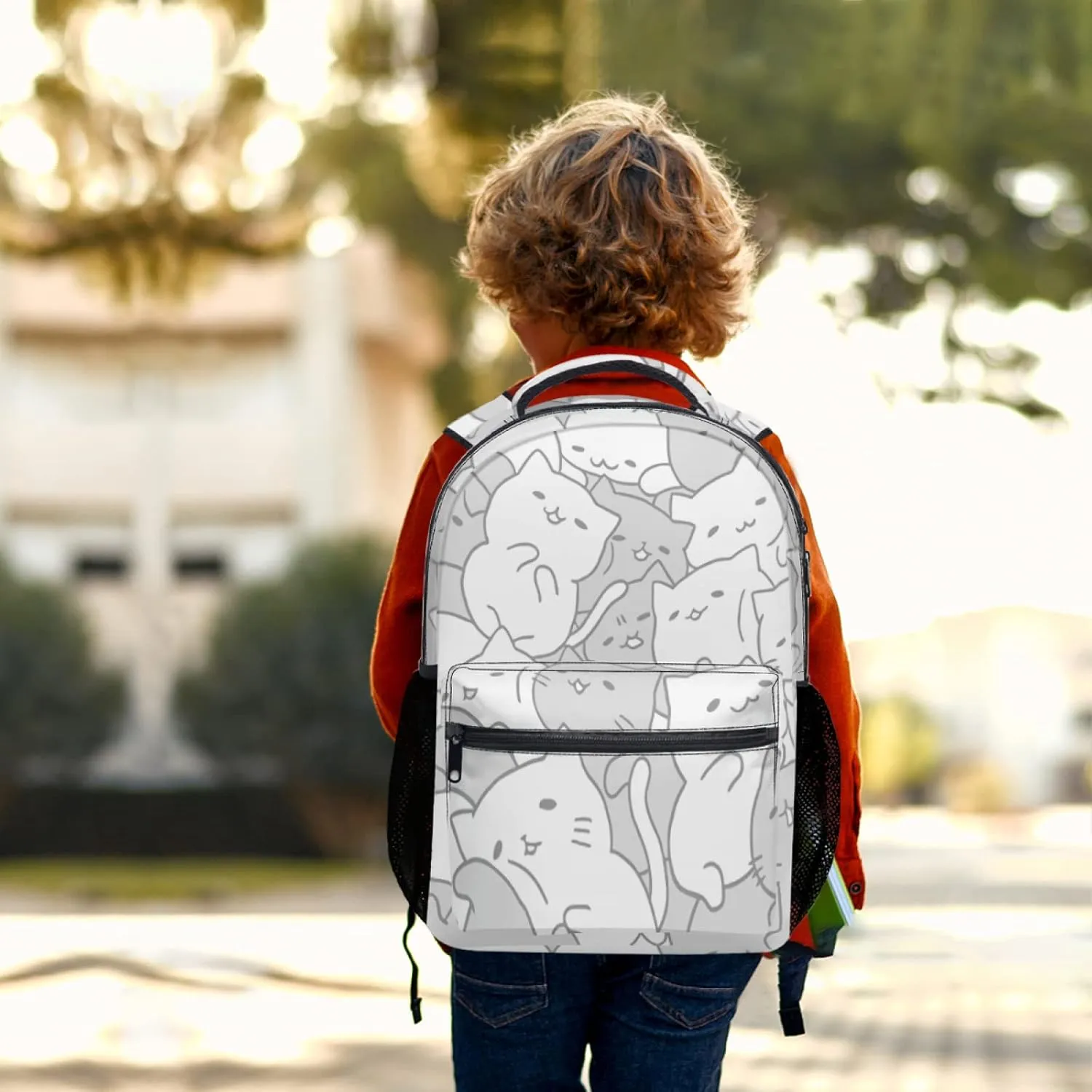 aportt Cute Cat Backpack for Boys Girls Kawaii Kitties Durable Casual Basic Kids Bookbag White Grey Lightweight School Bag for Teens Students Travel Hiking Camping Daypack