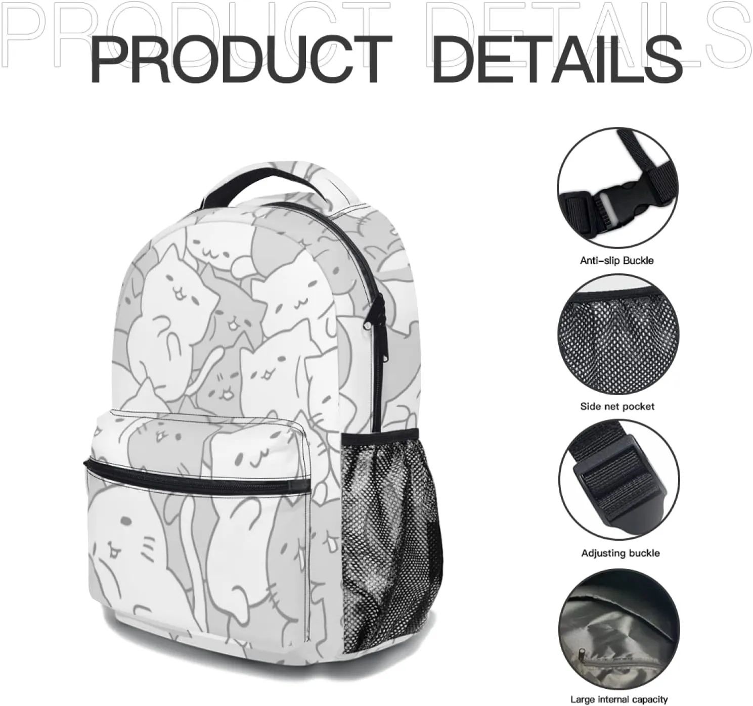aportt Cute Cat Backpack for Boys Girls Kawaii Kitties Durable Casual Basic Kids Bookbag White Grey Lightweight School Bag for Teens Students Travel Hiking Camping Daypack