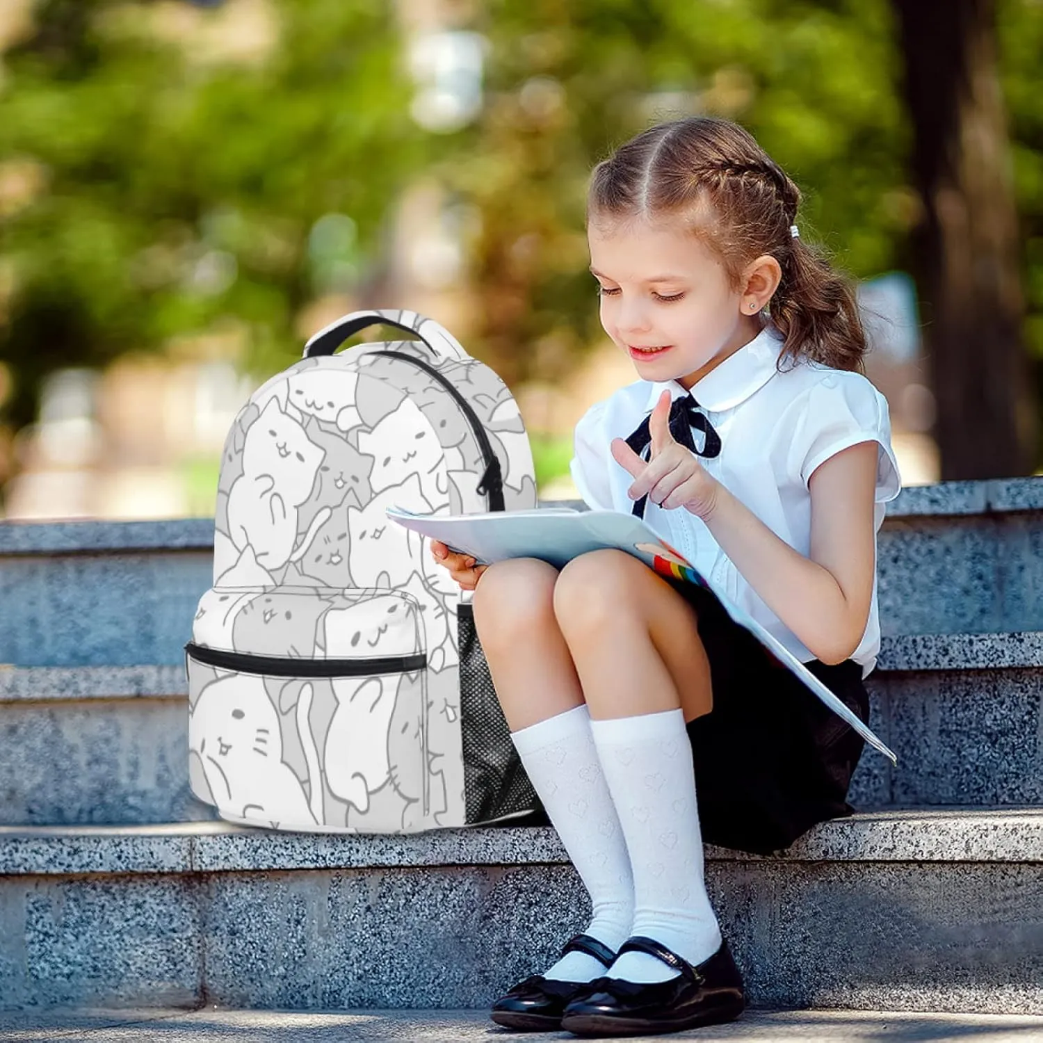 aportt Cute Cat Backpack for Boys Girls Kawaii Kitties Durable Casual Basic Kids Bookbag White Grey Lightweight School Bag for Teens Students Travel Hiking Camping Daypack