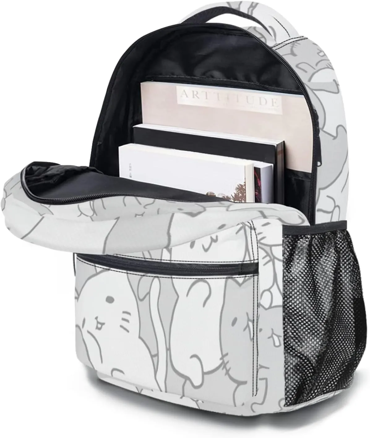 aportt Cute Cat Backpack for Boys Girls Kawaii Kitties Durable Casual Basic Kids Bookbag White Grey Lightweight School Bag for Teens Students Travel Hiking Camping Daypack