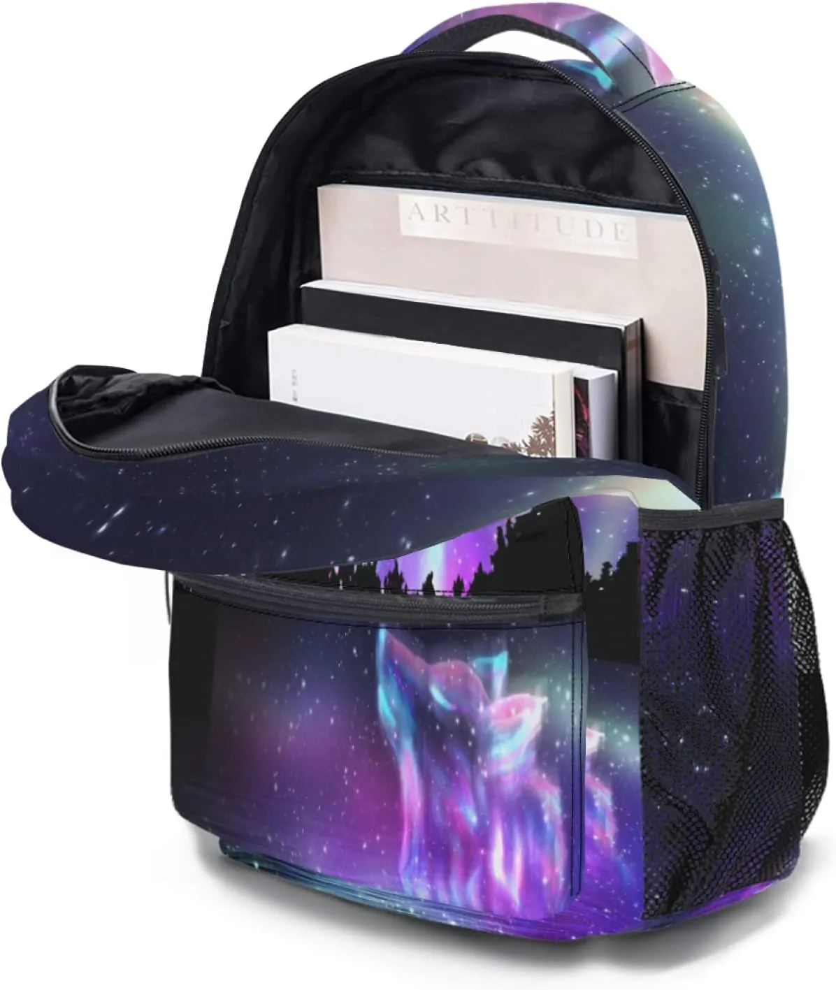 aportt Galaxy Wolf Backpack for Boys Girls Space Stars Wolf Purple Blue Durable Casual Basic Kids Bookbag Cool Lightweight School Bag for Teens Students Travel Hiking Camping Daypack