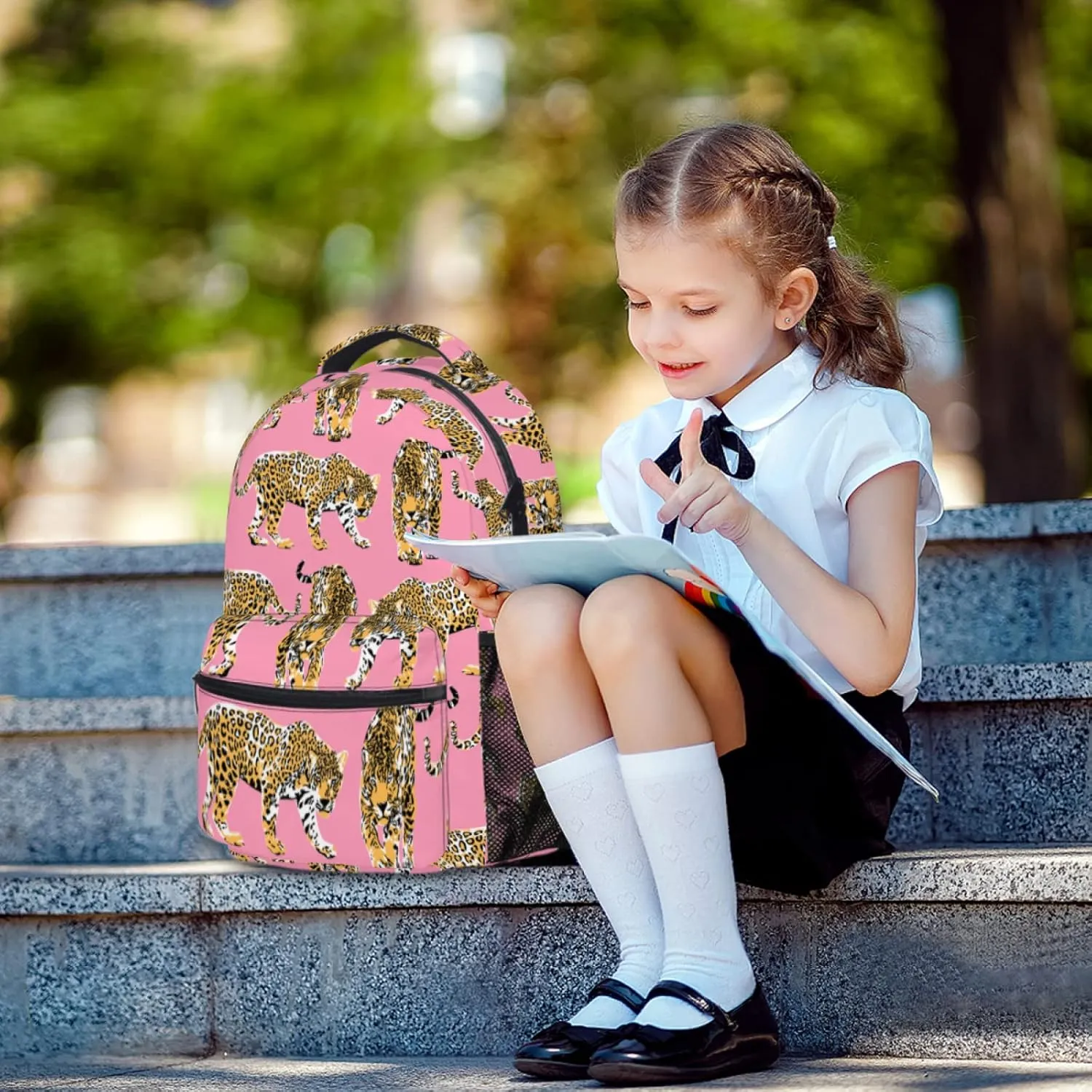 aportt Pink Cheetah Backpack for Boys Girls Preppy Leopard Tiger Durable Casual Basic Kids Bookbag Cute Animal Lightweight School Bag for Teens Students Travel Hiking Camping Daypack