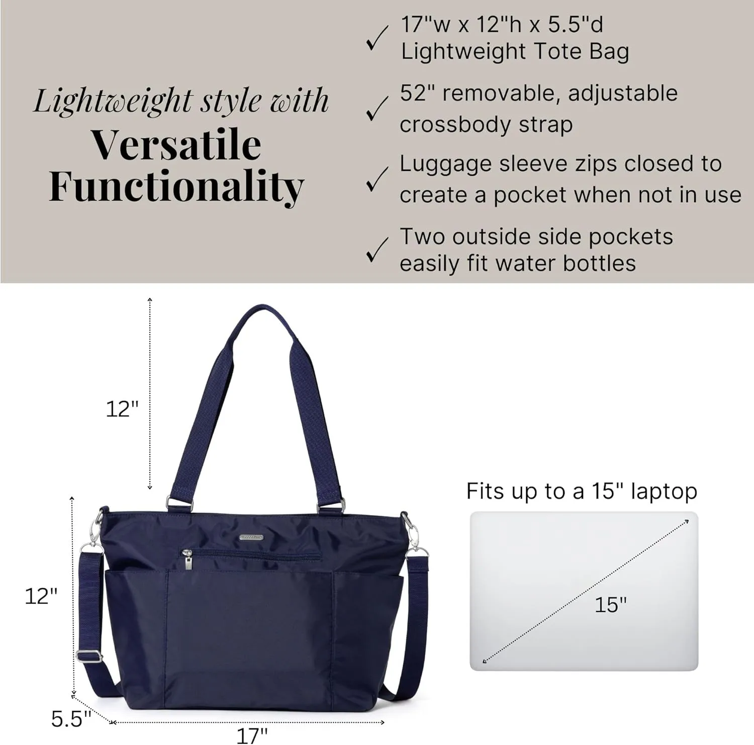 Baggallini Essential Laptop Tote - Work Tote Bag with Laptop Sleeve - Lightweight Travel Crossbody Shoulder Bag for Women