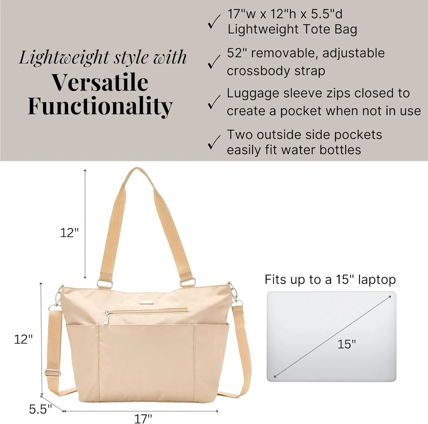 Baggallini Essential Laptop Tote - Work Tote Bag with Laptop Sleeve - Lightweight Travel Crossbody Shoulder Bag for Women