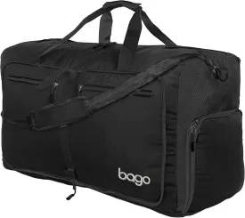 Bago Foldable Duffel Bags for Traveling Women & Men - 60L Medium Packable Duffle Bag for Travel with Shoe Compartment - Water Repellant, Heavy Duty, Lightweight Folding & Collapsible (All Black)