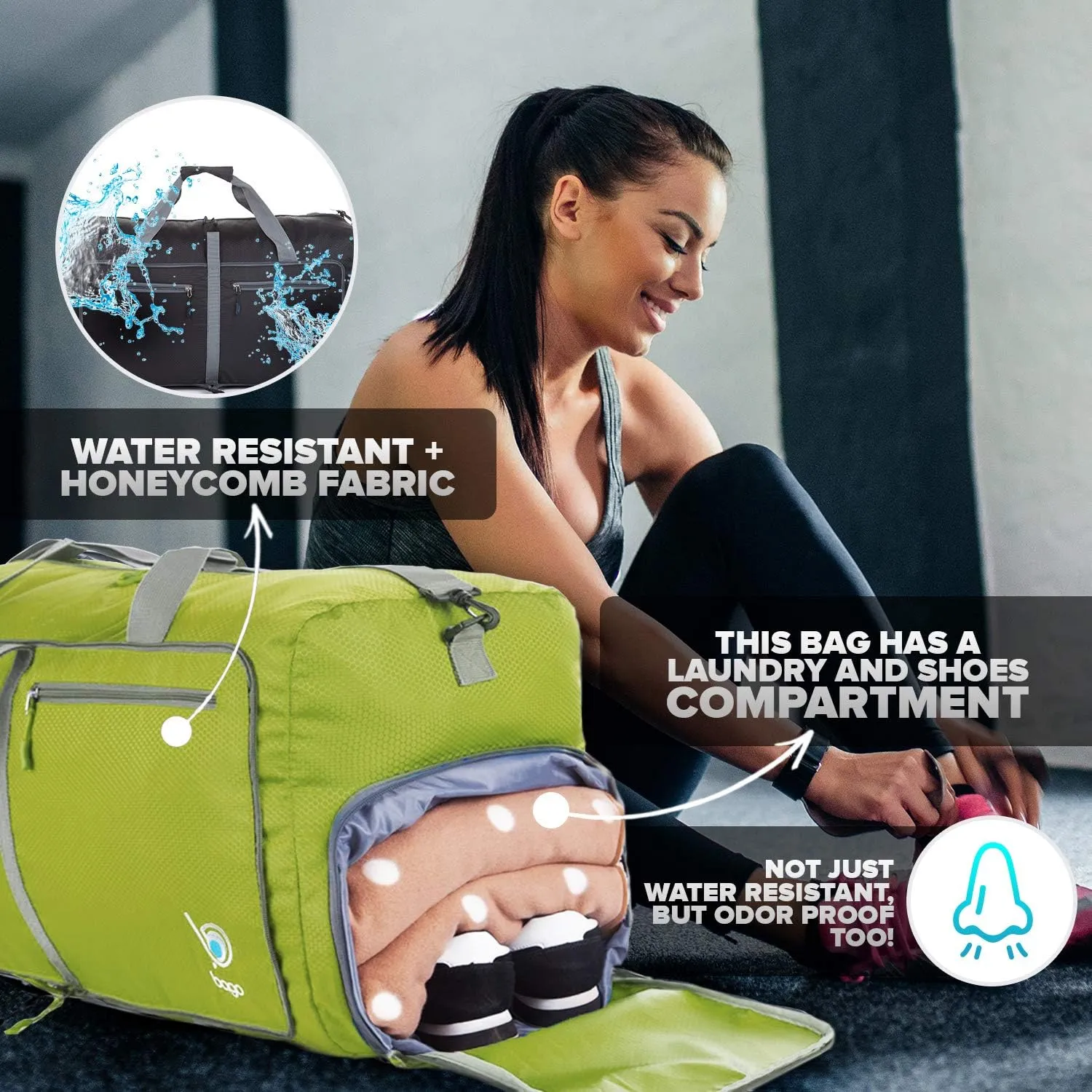 Bago Foldable Duffel Bags for Traveling Women & Men - 60L Medium Packable Duffle Bag for Travel with Shoe Compartment - Water Repellant, Heavy Duty, Lightweight Folding & Collapsible (Green)